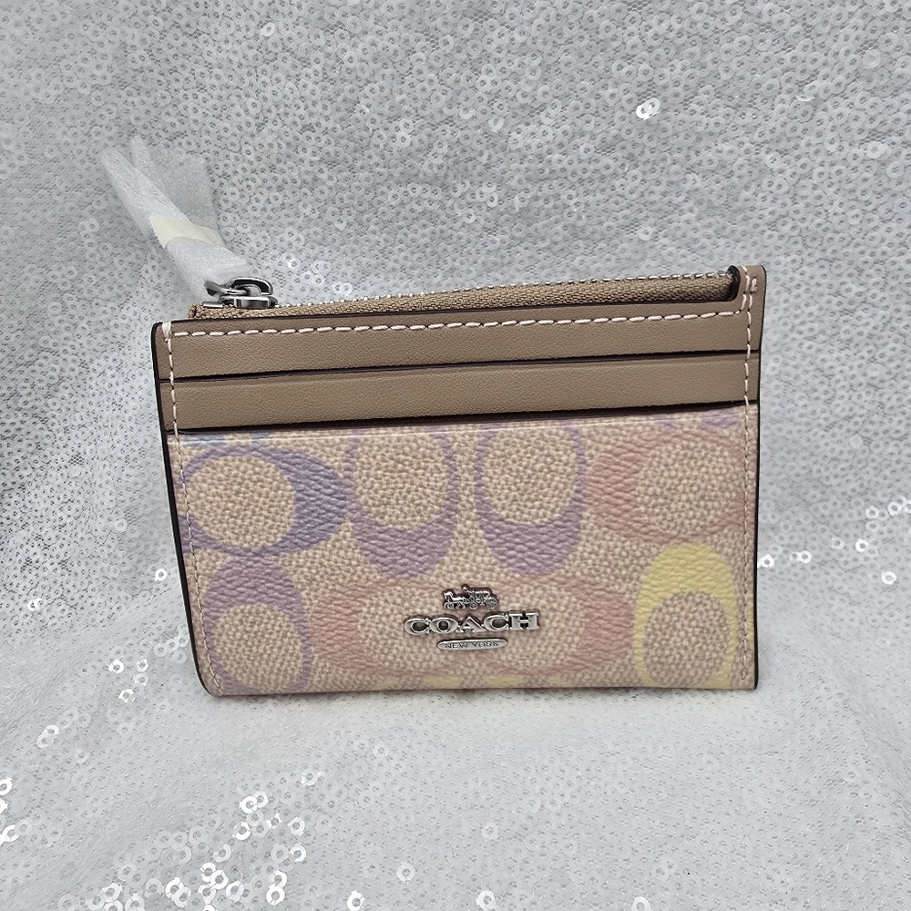 Coach Mini Skinny ID Credit Card Case Pastel Rainbow Signature Canvas Key Ring - Picture 4 of 9